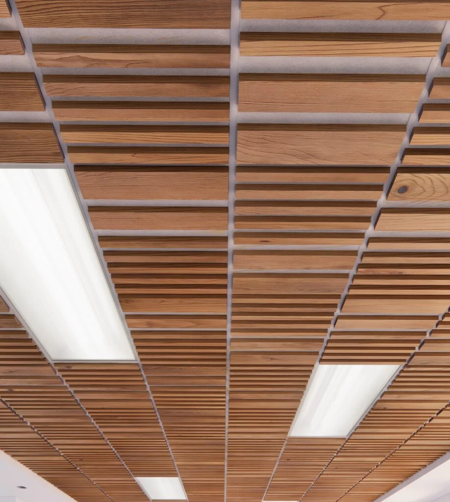 Wooden ceiling with linear light fixtures
