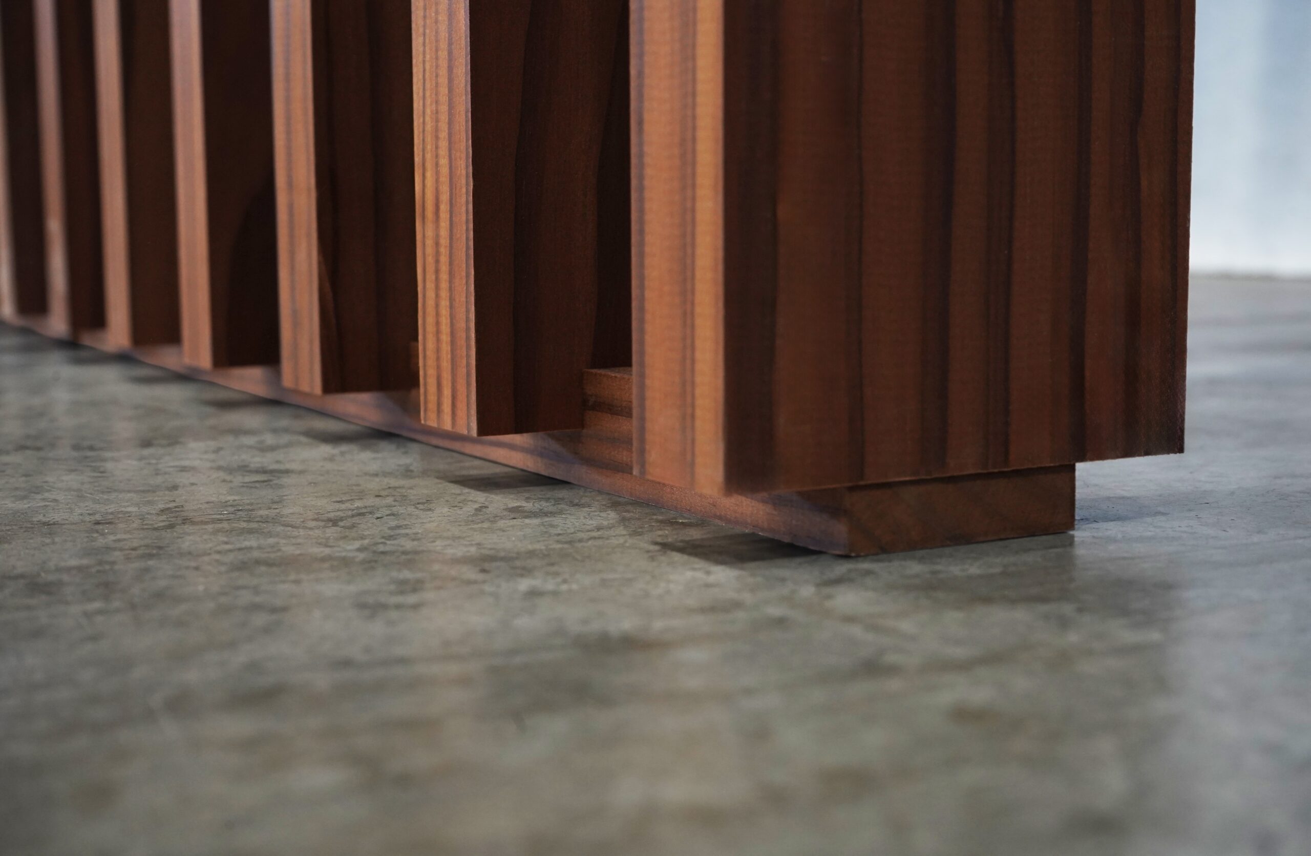 Open-Span-Modified-2108 Wooden open slat panel structure.