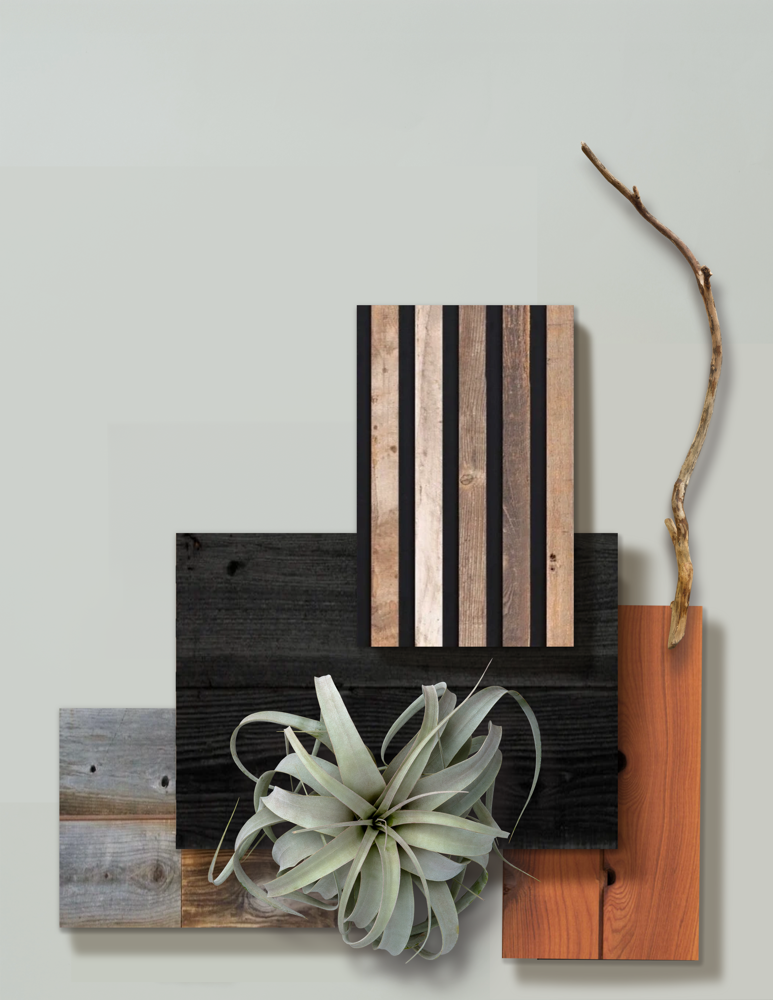 TerraMai Classics Mood board flat lay for designers and architects. Featuring exterior wood samples - siding, decking, wood slat panels.
