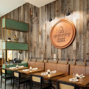 red-cliff-bar-grill-lcw-paneling Rustic restaurant interior with wood accents.